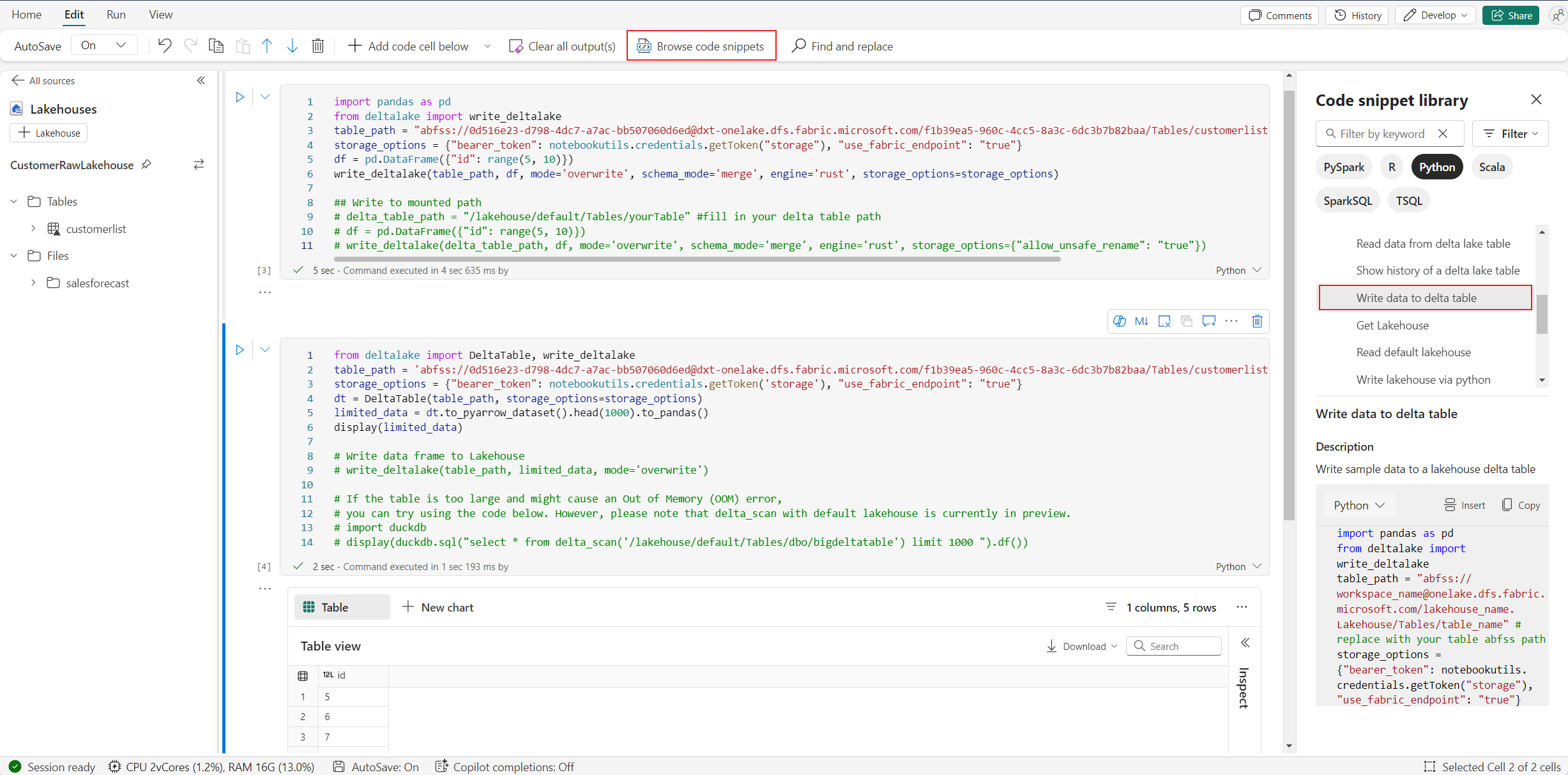 显示写入湖屋操作的屏幕截图。