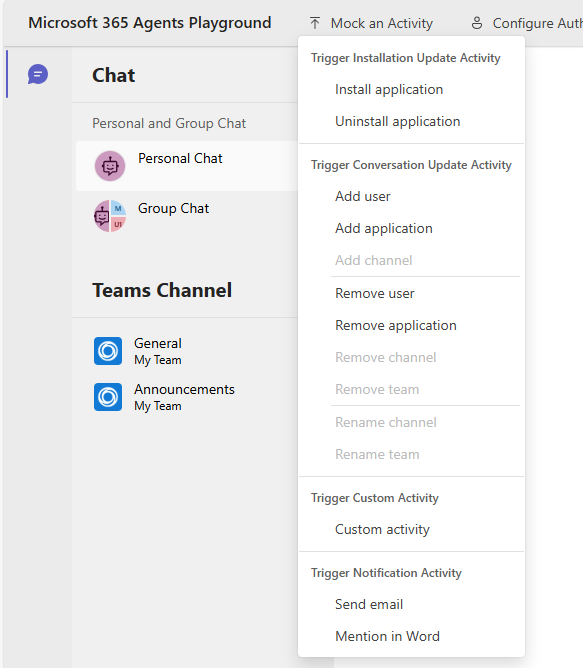 屏幕截图显示了智能体操场界面，其中“模拟活动”菜单已展开，显示了“触发通知活动”选项，包括“发送电子邮件”和“在 Word 中提及”。
