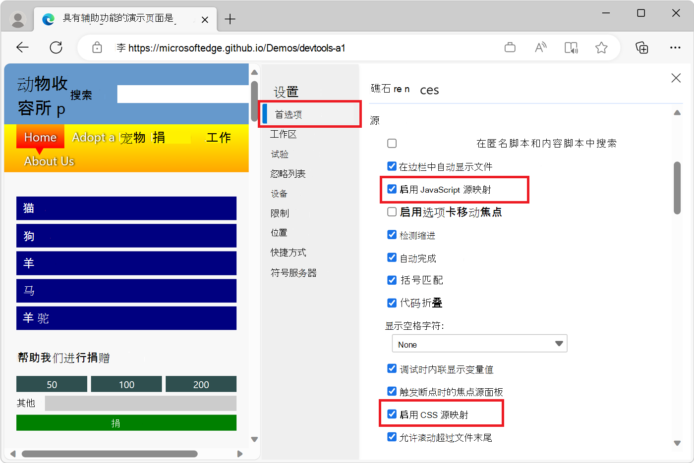 DevTools 设置中的“首选项”配置屏幕