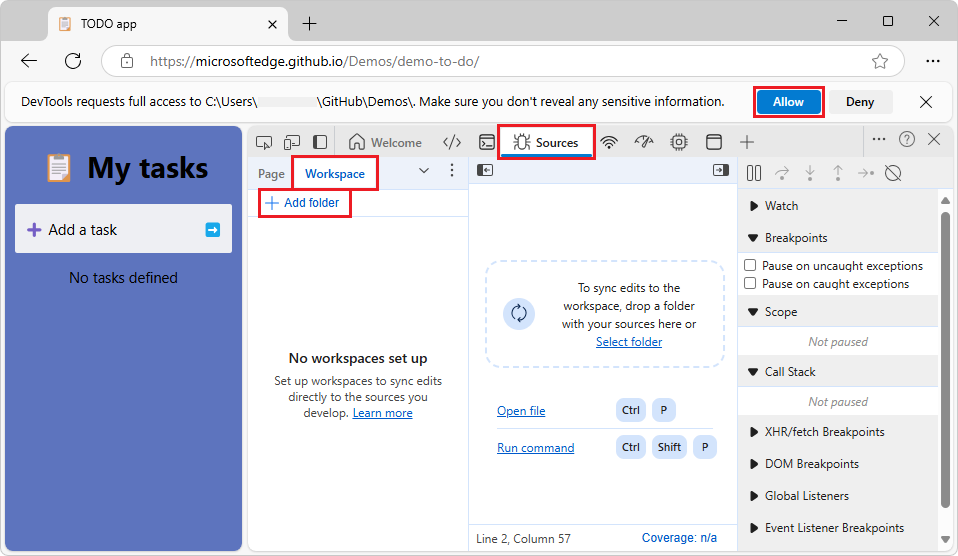 DevTools 请求访问以将文件夹添加到工作区