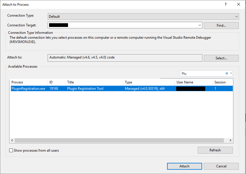 附加到进程对话框。