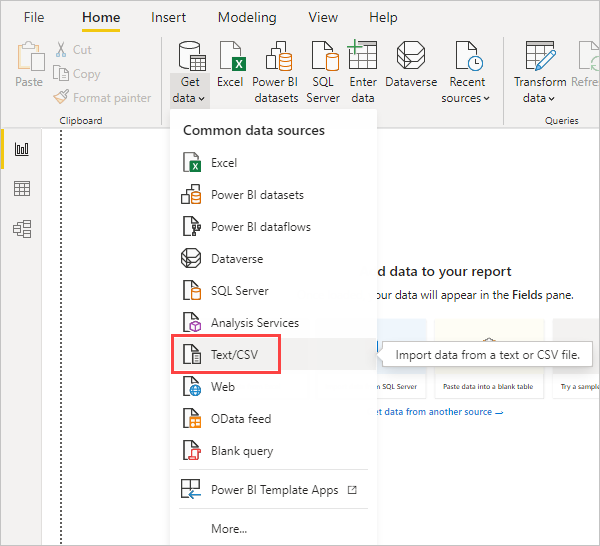 Power BI Desktop 中“获取数据”功能区的屏幕截图，其中显示了 CSV 选择。