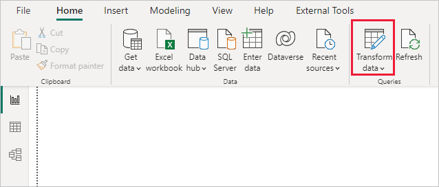 Power BI Desktop 中 Power Query 编辑器的屏幕截图，其中显示了“转换数据”选择。