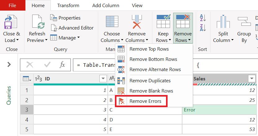 “开始”选项卡上的“删除错误”按钮的屏幕截图。