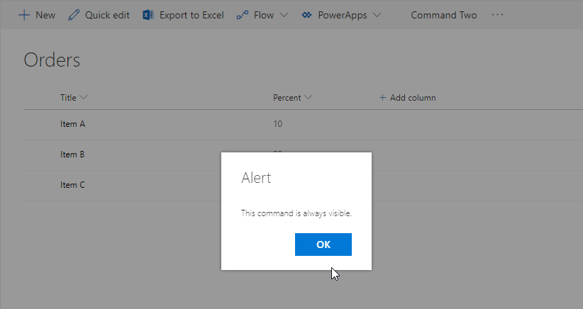 显示“此命令始终可见”的“警报”消息的屏幕截图,其中突出显示了“O K”选项。