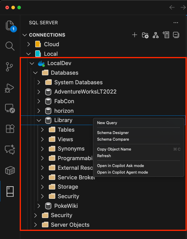 显示数据库上下文菜单的屏幕截图，选择“使用此数据库聊天”选项。