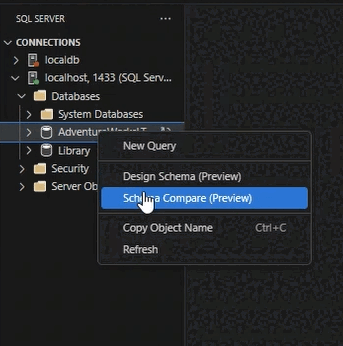 通过右键单击对象资源管理器中的数据库打开架构比较的屏幕截图。