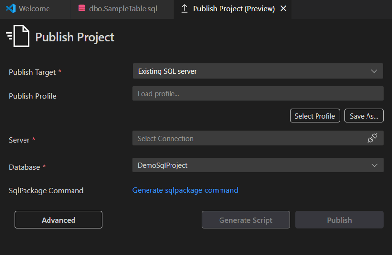 “发布项目”对话框的屏幕截图，其中显示了发布目标、服务器和数据库字段。