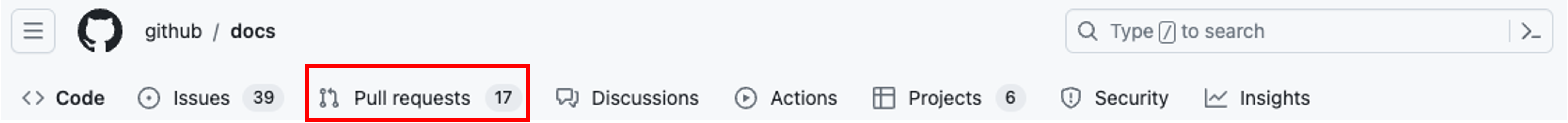 存储库顶部导航栏的屏幕截图，其中突出显示了“拉取请求”选项卡。
