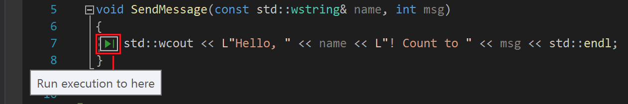 显示调试器中“单击运行”功能和操作工具提示的屏幕截图。