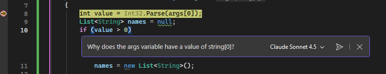 内联 Copilot Chat 的屏幕截图。