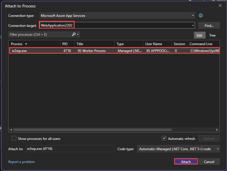 附加到进程功能的屏幕截图。