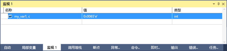 Visual Studio 监视窗口的屏幕截图中，选择了一行，展示 my_var1 的值为 101 'e'，类型为 int。