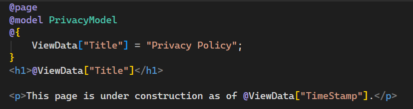 屏幕截图显示 Visual Studio Code 编辑器中打开的 Privacy.cshtml 文件，其中包含更新的文本。