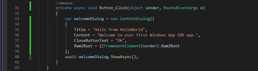 显示新异步myButton_Click事件处理程序的 C# 代码的屏幕截图。