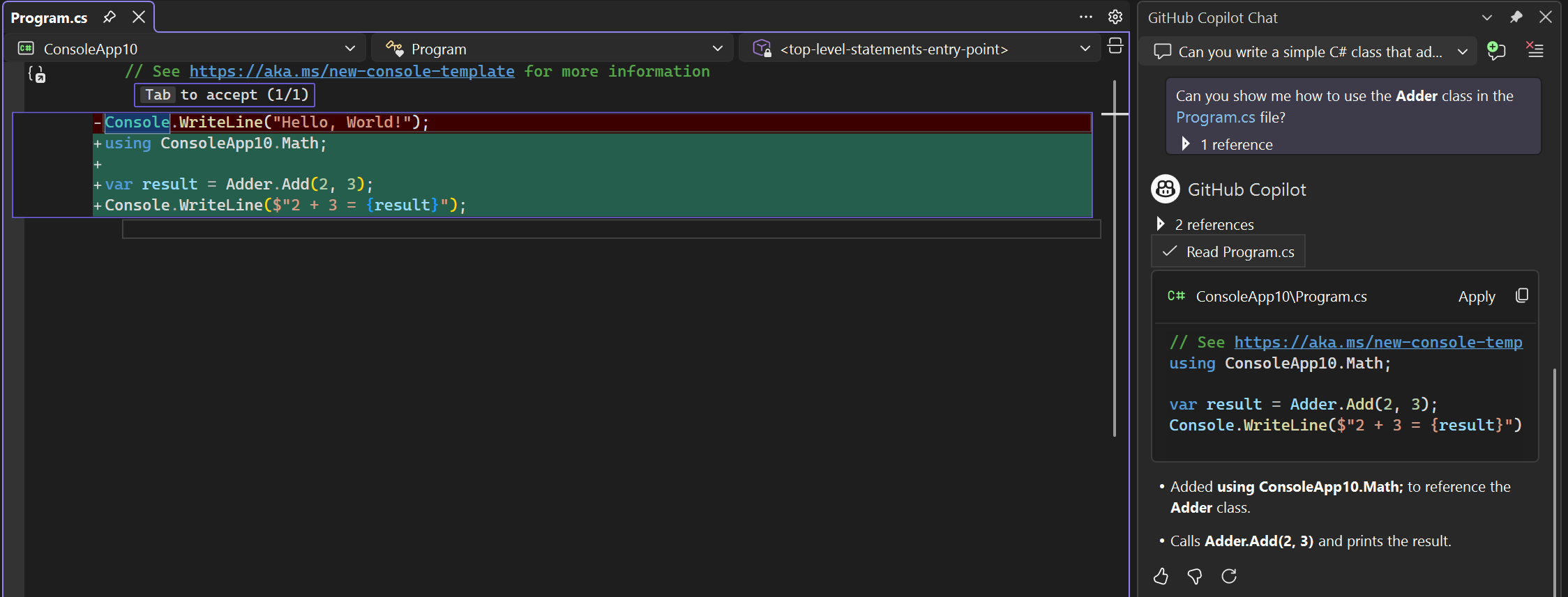 编辑器窗口中差异视图里代码建议的屏幕截图。