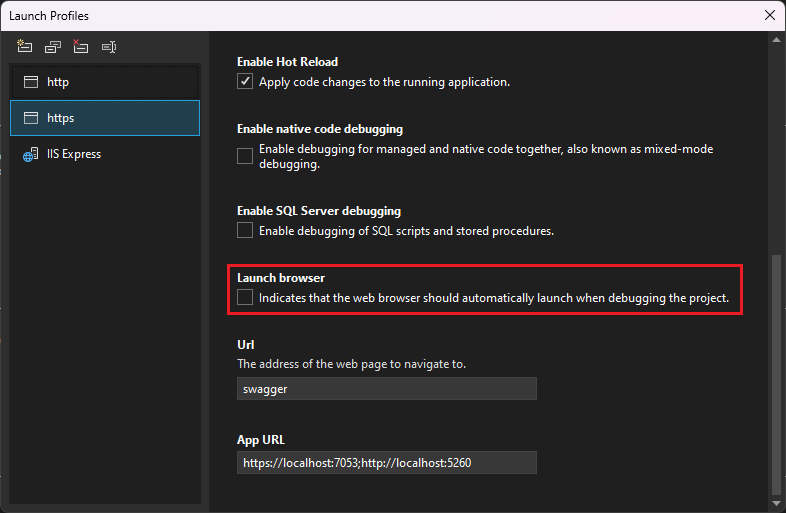 屏幕截图显示调试启动配置文件 UI。
