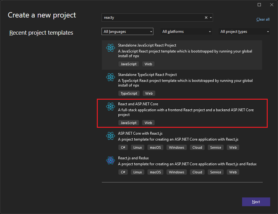 显示选择模板的屏幕截图。