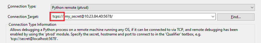 屏幕截图,显示如何使用 SSL 将 TCPS 指定为远程调试传输。