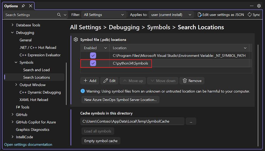 显示如何指定 Python 混合模式调试器符号位置的屏幕截图。
