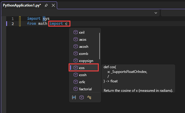 显示 IntelliSense 如何在 Visual Studio 的编辑器中显示导入函数的可用模块成员的屏幕截图。