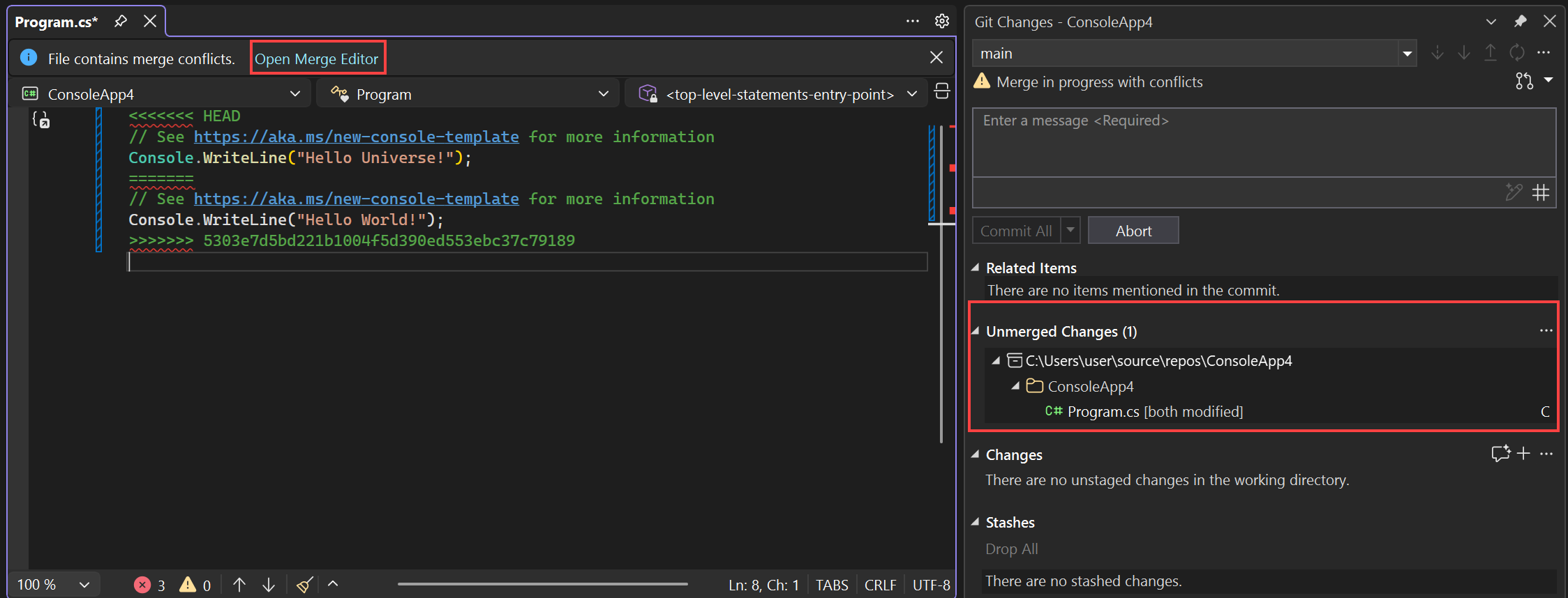 显示 Git 更改窗口中合并冲突状态的屏幕截图。