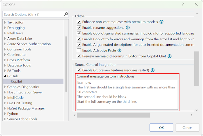 显示工具选项 GitHub Copilot 设置页的屏幕截图，其中包含提交消息的自定义提示。