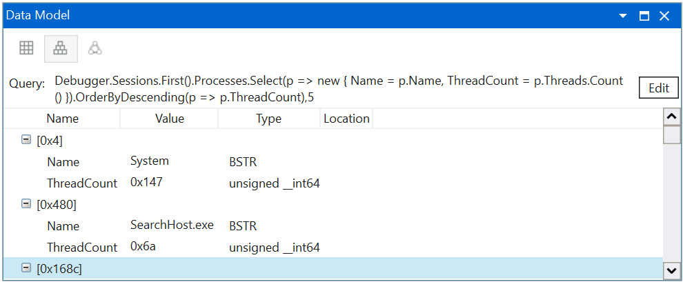 “数据模型”窗口的屏幕截图，其中显示了 WinDbg 中的进程和线程。