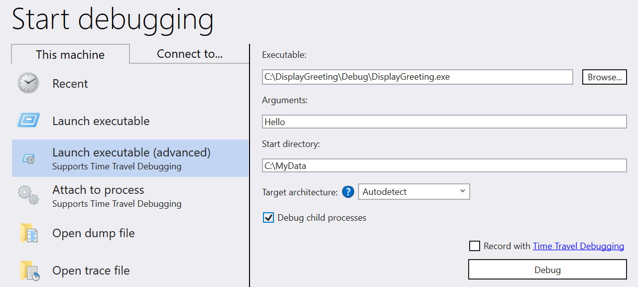“启动高级可执行文件”对话框中显示选项的屏幕截图。