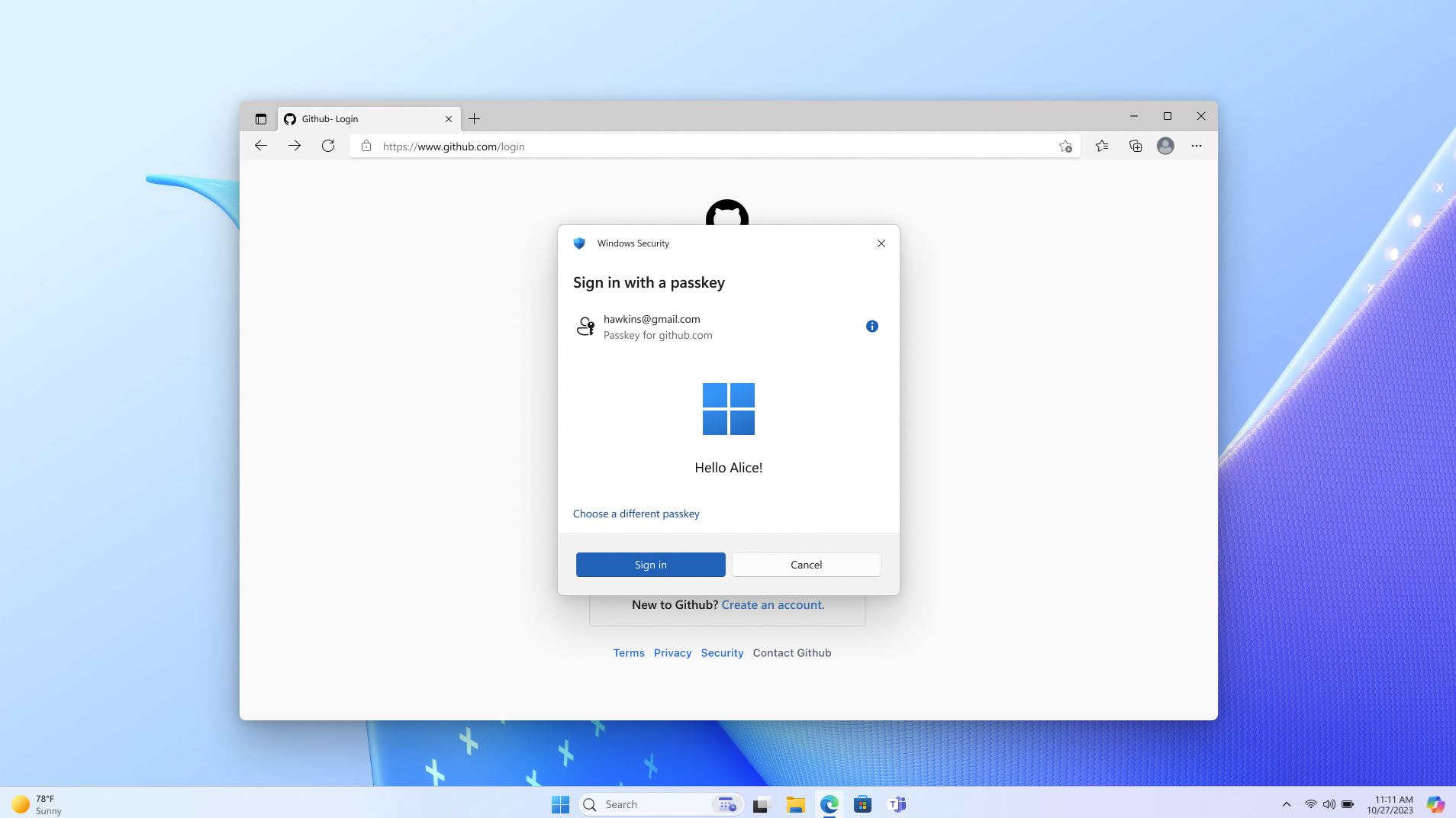 使用 Windows Hello 登录成功